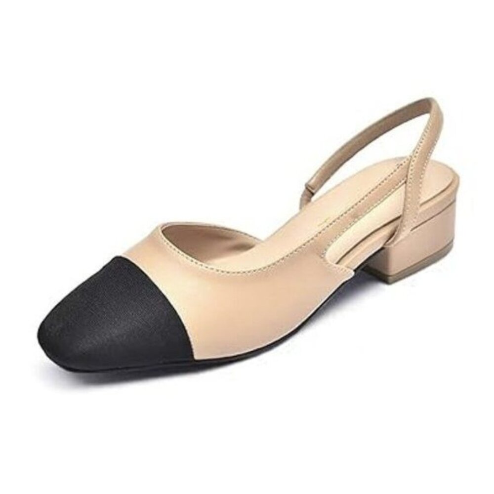 FOWT Round Cap Toe Slingback Pumps for Women Side Cut Low Block Heels Sandals